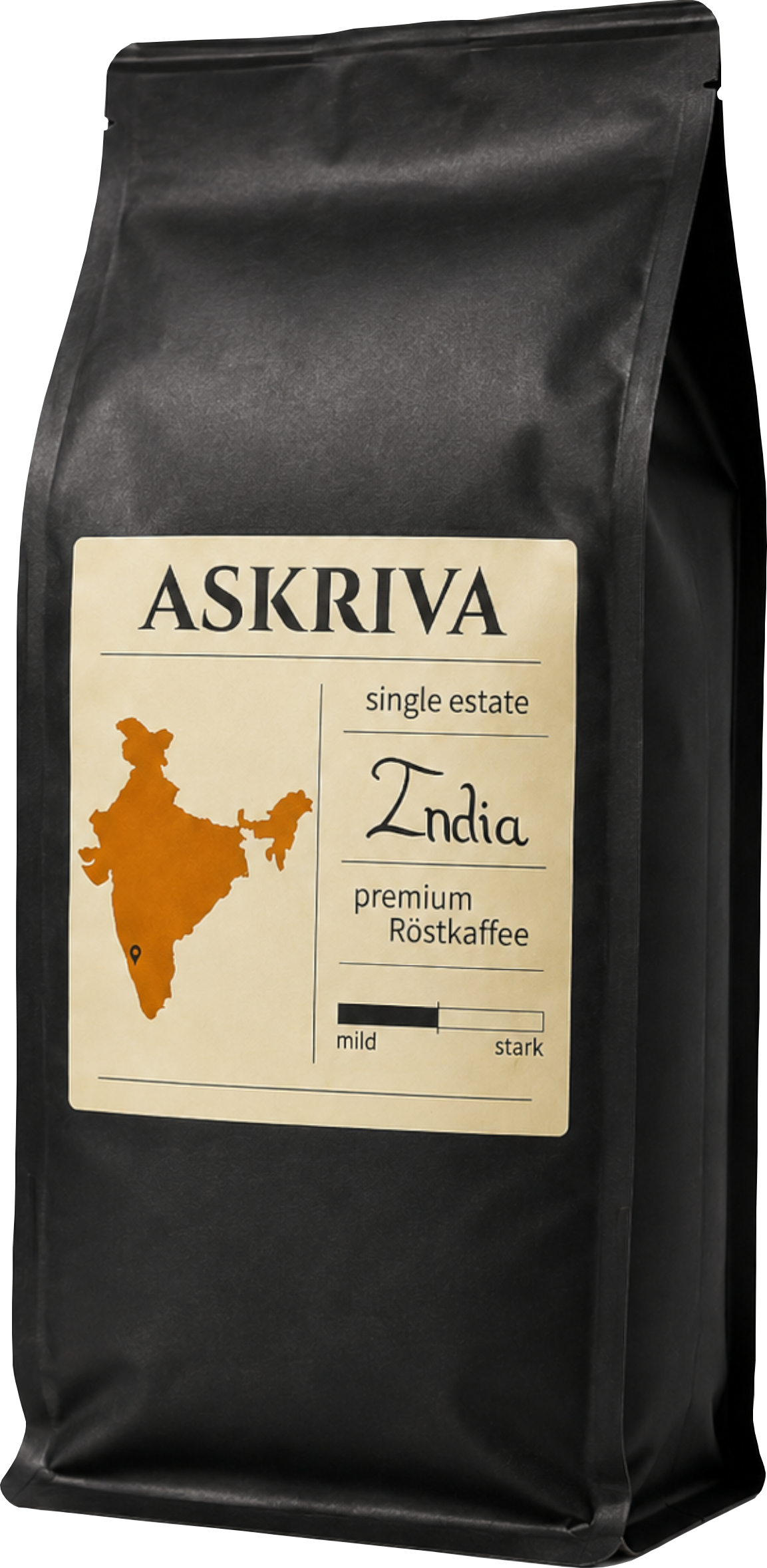 Schwarze Papierverpackung mit beigem Etikette und der Aufschrift premium Röstkaffee